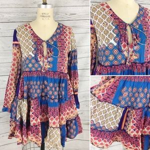 Velzera patchwork ruffle beaded boho tunic top